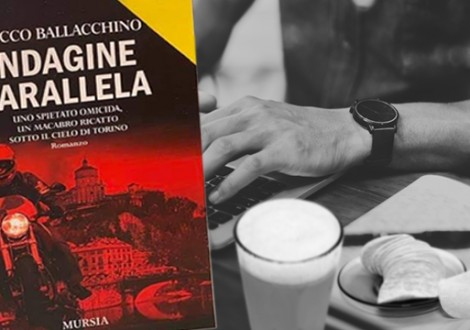 Closeup of man using laptop in cafe grayscale