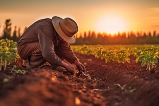 Regenerative Agriculture. A farmer planting seeds in a fertile field using a no-till drill, captured in documentary and candid style, with natural, warm sunlight illuminating the scene. Generative AI