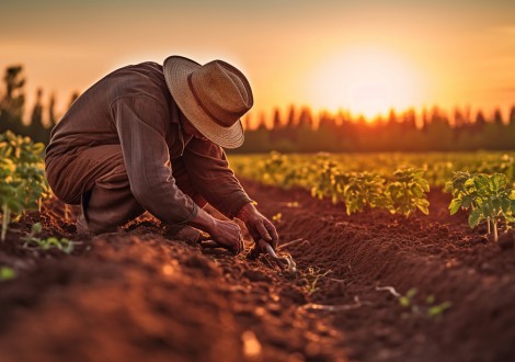 Regenerative Agriculture. A farmer planting seeds in a fertile field using a no-till drill, captured in documentary and candid style, with natural, warm sunlight illuminating the scene. Generative AI