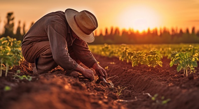 Regenerative Agriculture. A farmer planting seeds in a fertile field using a no-till drill, captured in documentary and candid style, with natural, warm sunlight illuminating the scene. Generative AI